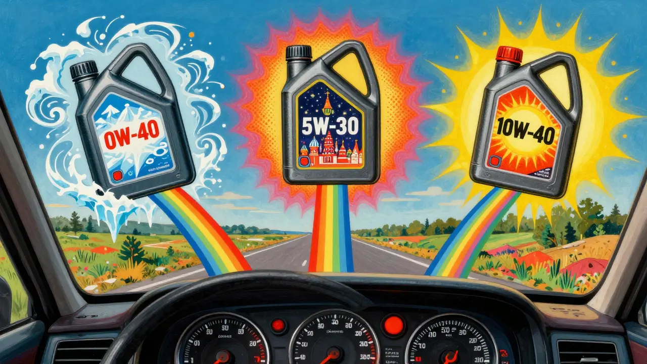 Три банки моторного масла в воздухе, соответствующие разным климатическим зонам России, в ярком психоделическом стиле.