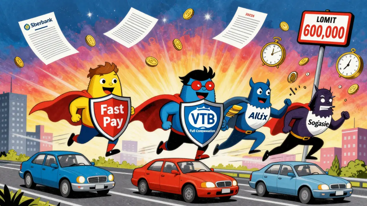 Три страховые компании в виде супергероев сражаются с медленными страховщиками, над ними — символы быстрой выплаты и увеличенного лимита.