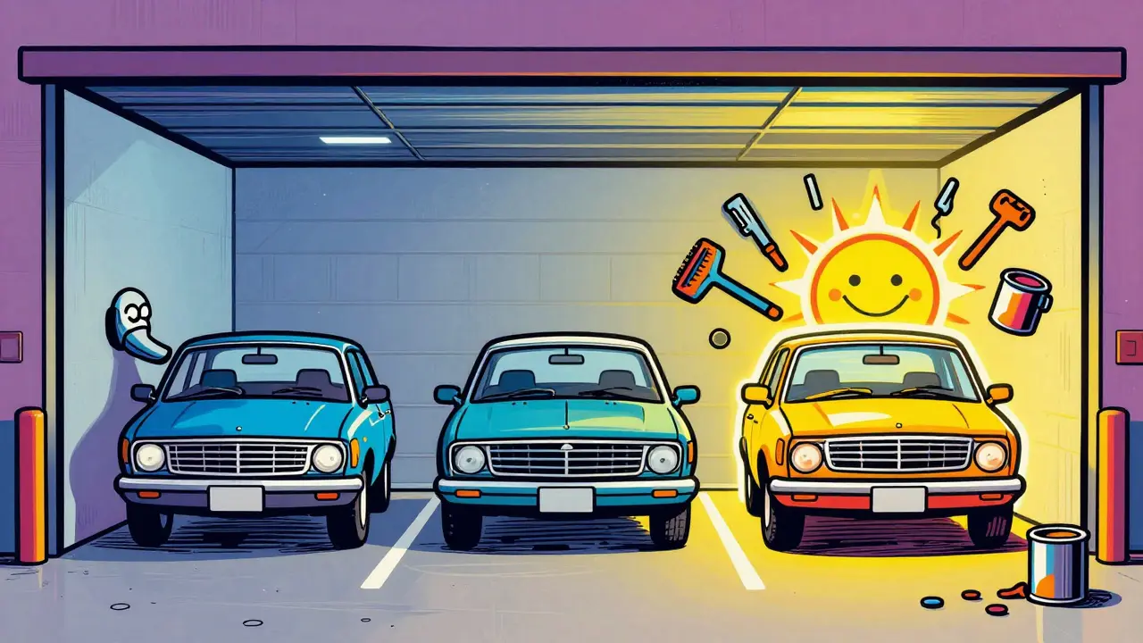 Три варианта парковки в гараже: одна неудачная, другая идеальная — в ярком психоделическом стиле