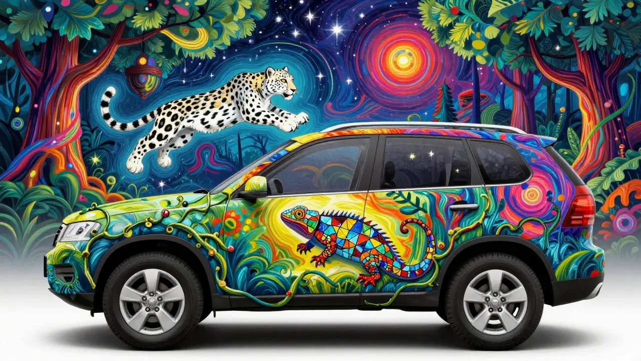 Внедорожник с лесным пейзажем на кузове, светящимися животными и звёздами на крыше.