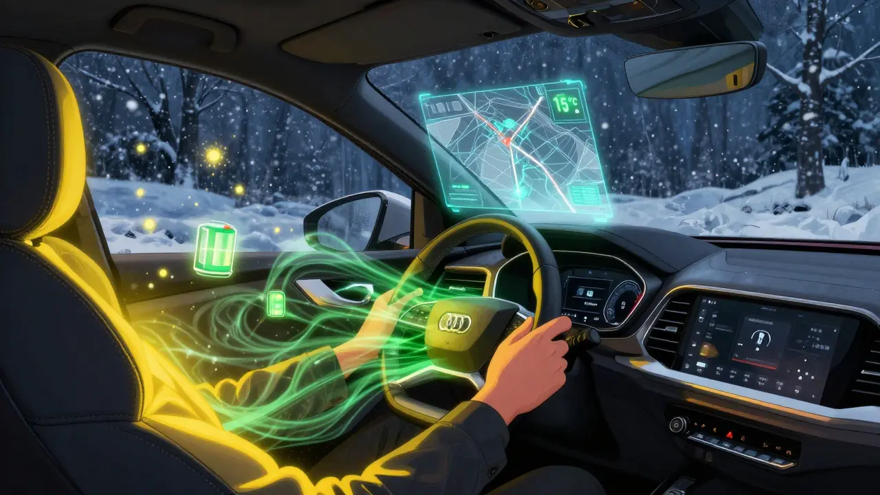 Внутренний вид электромобиля с подогревом сидений и динамической подсветкой приборной панели в морозную ночь.