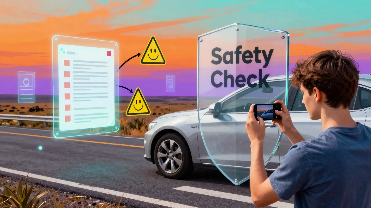 Водитель фотографирует царапины на машине, вокруг — цифровые чек-листы и защитный щит, символизирующий проверку перед поездкой.