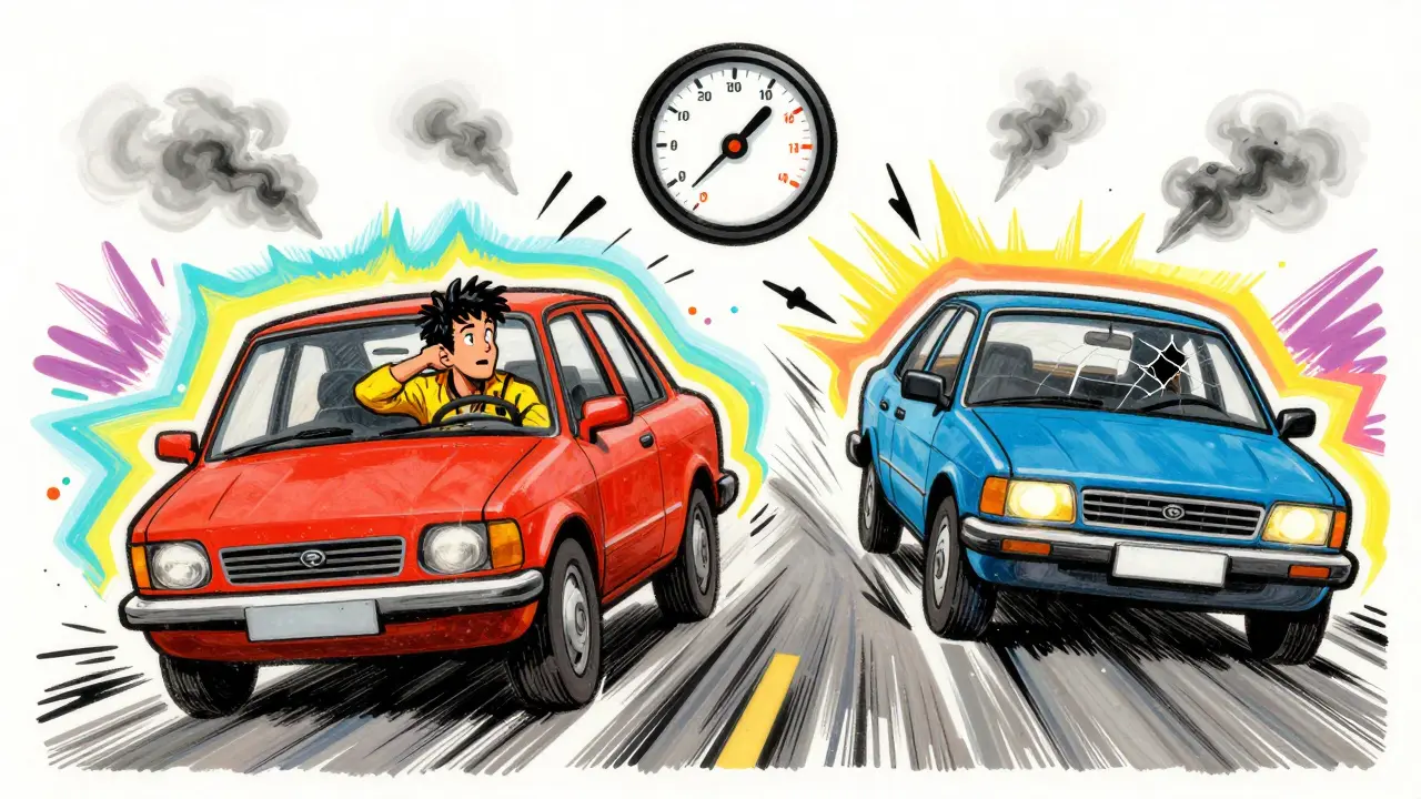 Водитель колеблется во время обгона, на фоне — символы риска: туман, скорость, авария, все в яркой психоделической стилистике.