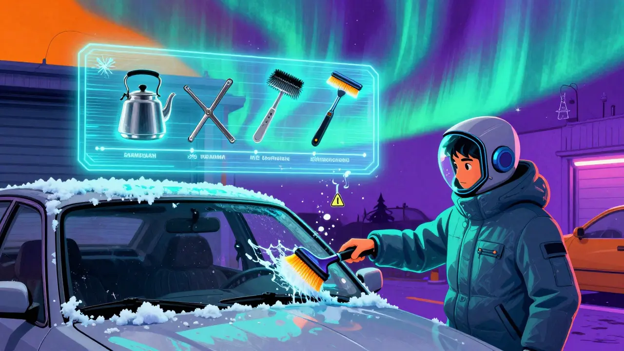 Водитель очищает лобовое стекло электрической щеткой с подогревом, вокруг — голографическая хронология зимних решений и радужные волны.