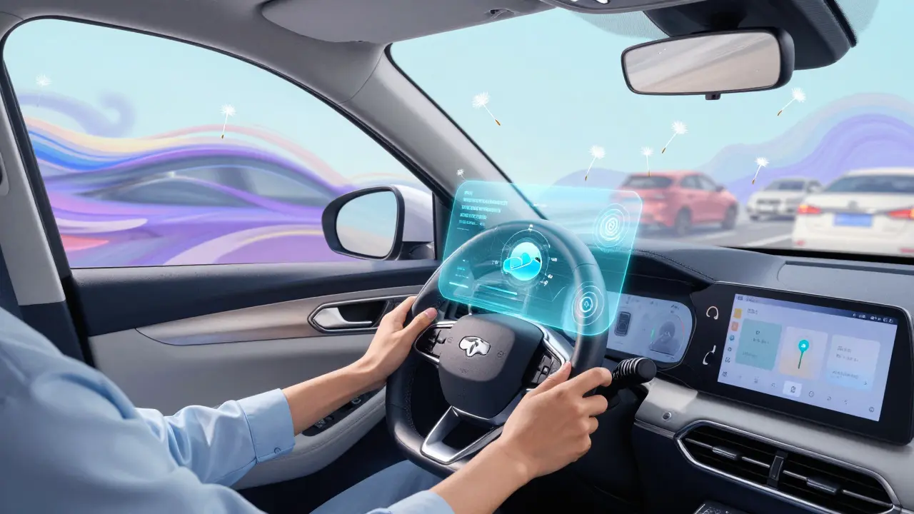 Водитель Omoda C5 с легким движением руки управляет машиной в пробке, окруженной расслабляющими цветами и цифровыми элементами.