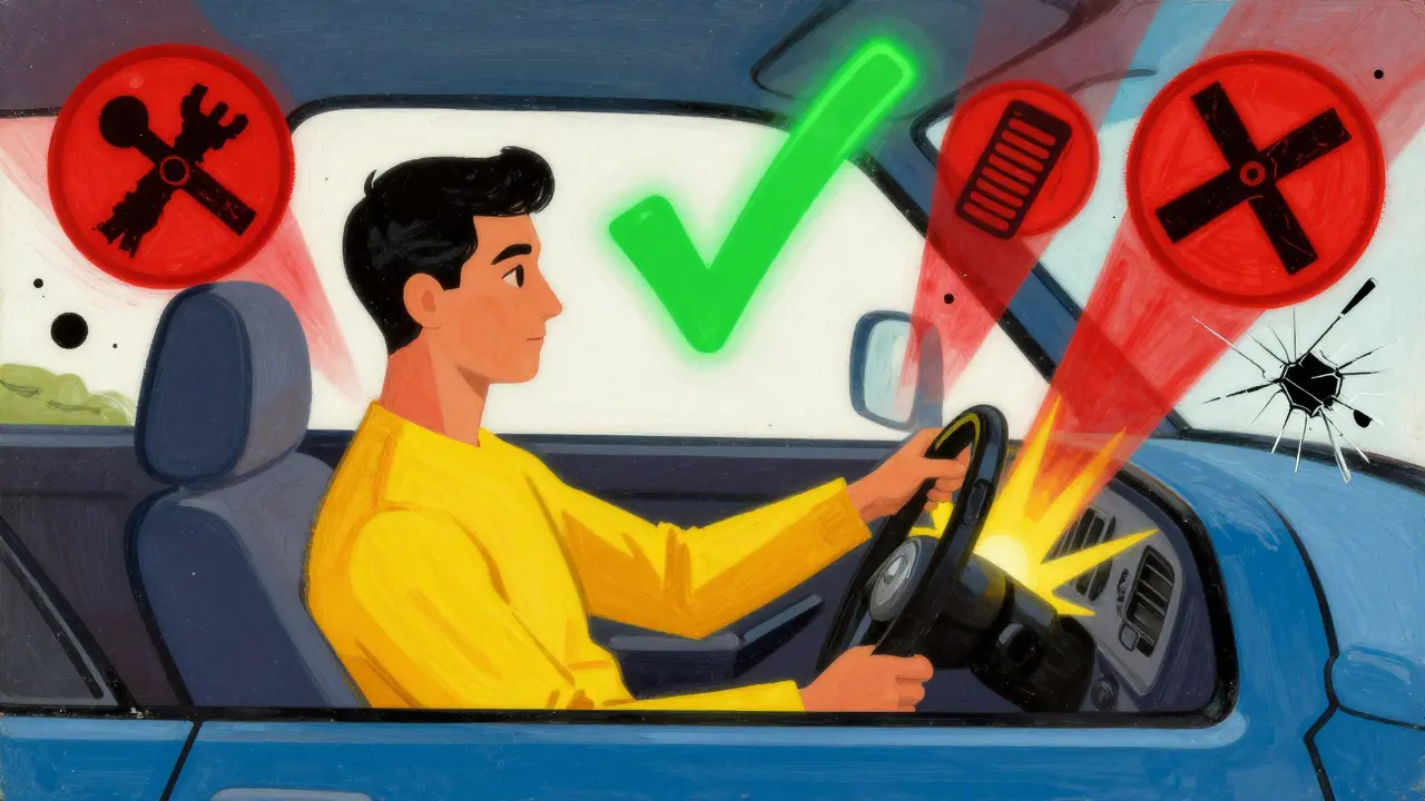 Водитель отказывается от обгона, над головой — зелёная галочка, вокруг исчезают красные символы опасности, всё в стиле Питера Макса.