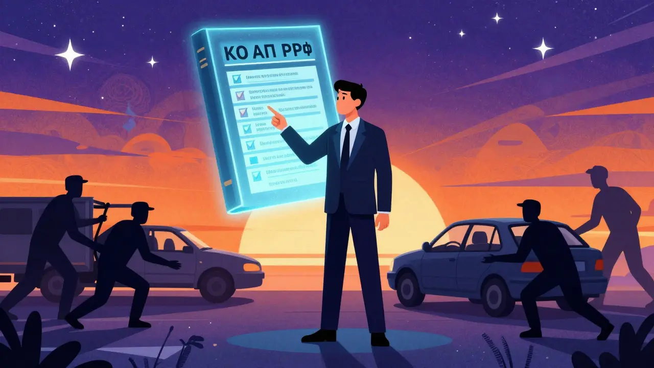 Водитель указывает на законные основания эвакуации, тени эвакуаторщиков пытаются украсть машину, космический пейзаж.