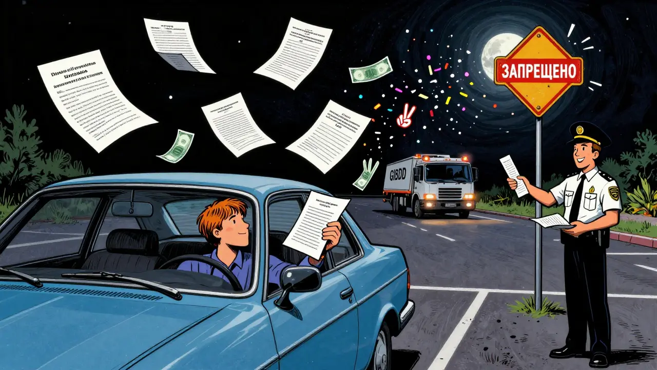 Водитель забирает документы из машины на стоянке, офицер передает квитанцию, эвакуатор стоит в стороне, небо в пастельных тонах.