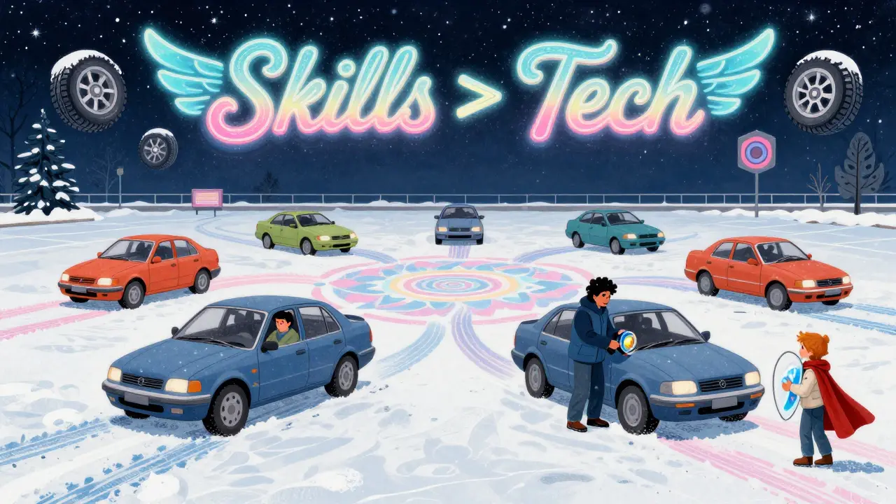 Водители тренируются на снегу, один выходит из заноса, другой регулирует давление в шинах, всё в психоделическом стиле Питера Макса.