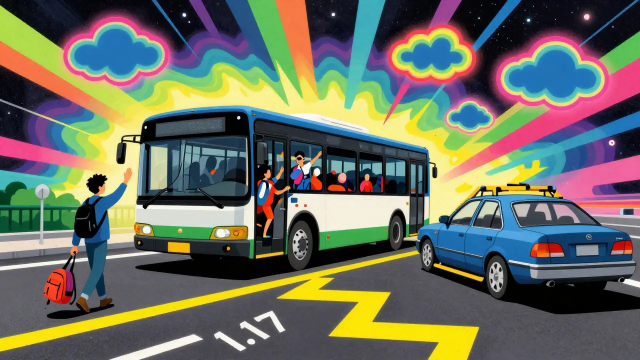 Автобус на зигзагообразной желтой разметке, пассажир выходит, другая машина эвакуируется, яркие волны цвета.