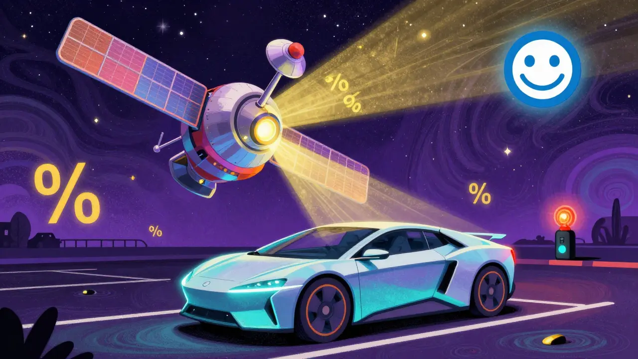 Автомобиль на светящейся парковке с спутниковой системой Cesar Satellite в небе.