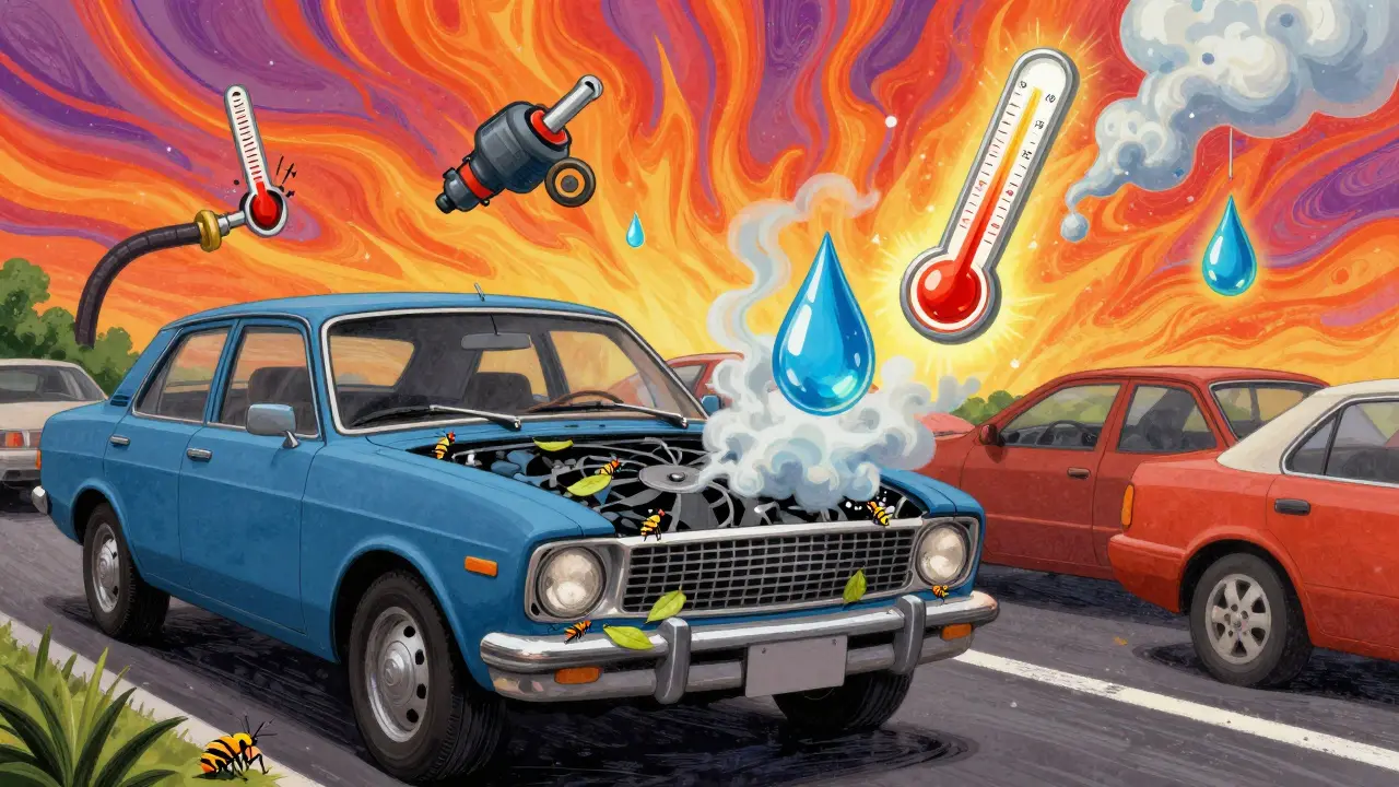 Автомобиль в пробке с забитым радиатором и плавающими символами поломок, в ярком психоделическом стиле Петера Макса.