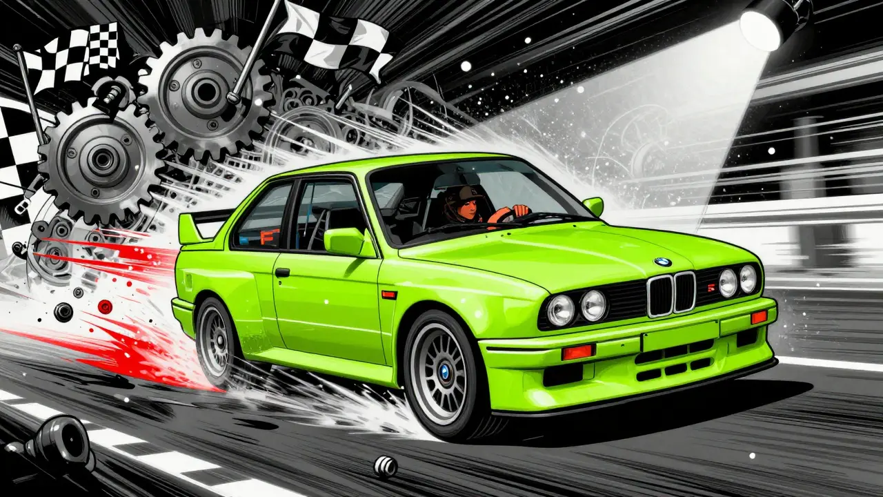 BMW M3 E30 в гоночной сцене с неоновыми потоками, шестерёнками и флагами, в стиле Петера Макса.