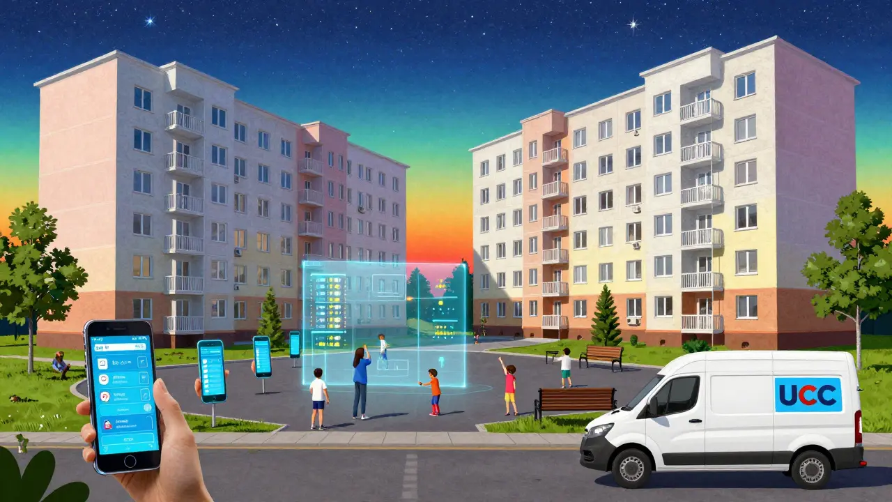 Цифровая платформа для управления парковкой в жилом дворе, жители используют приложения и наблюдают за занятостью мест.