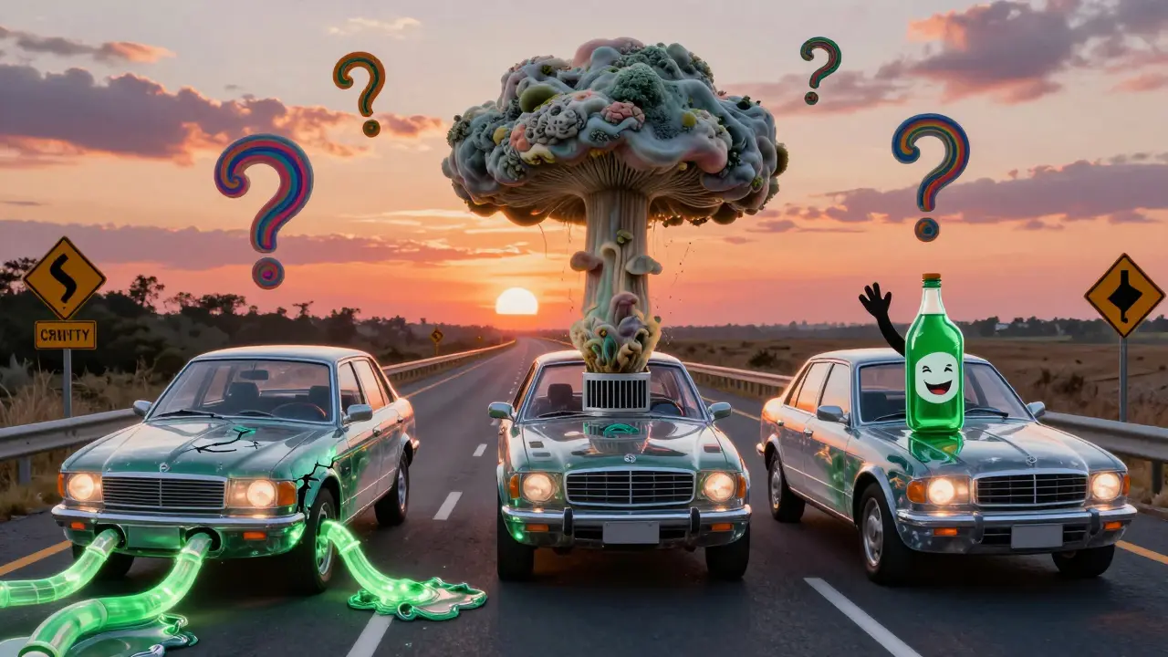 Дорога с автомобилями-жидкостями, показывающими последствия несвоевременного ТО в стиле Питера Макса.