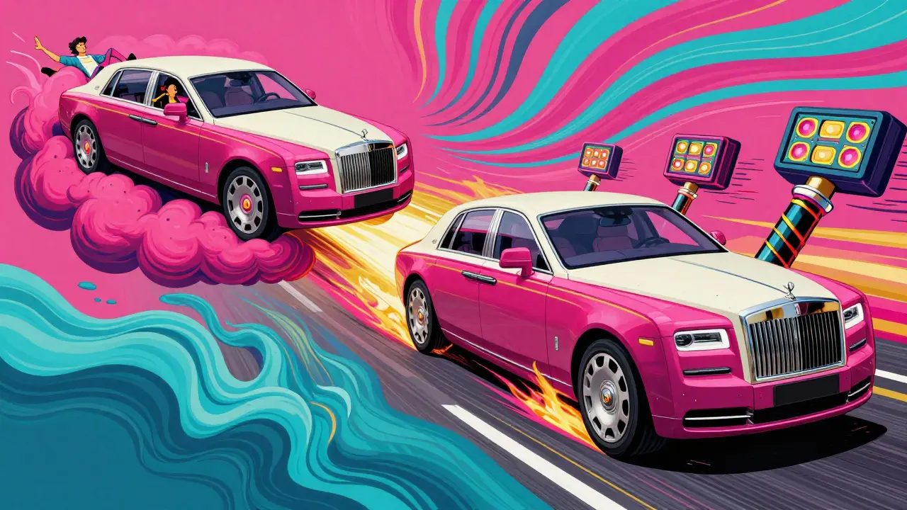 Два режима подвески: один — пассажиры на облаках, другой — автомобиль резко накреняется в повороте с огненными следами шин.