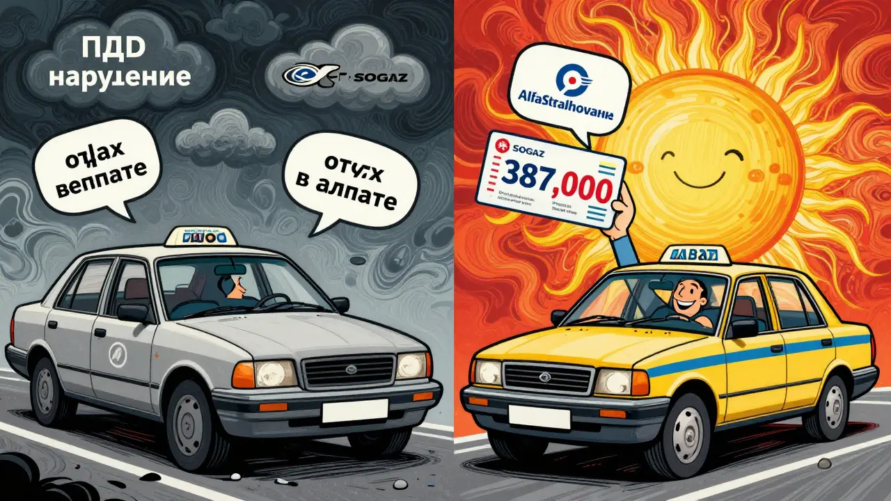 Два сценария: отказ в выплате слева и получение компенсации справа — в ярком психоделическом стиле Питера Макса.