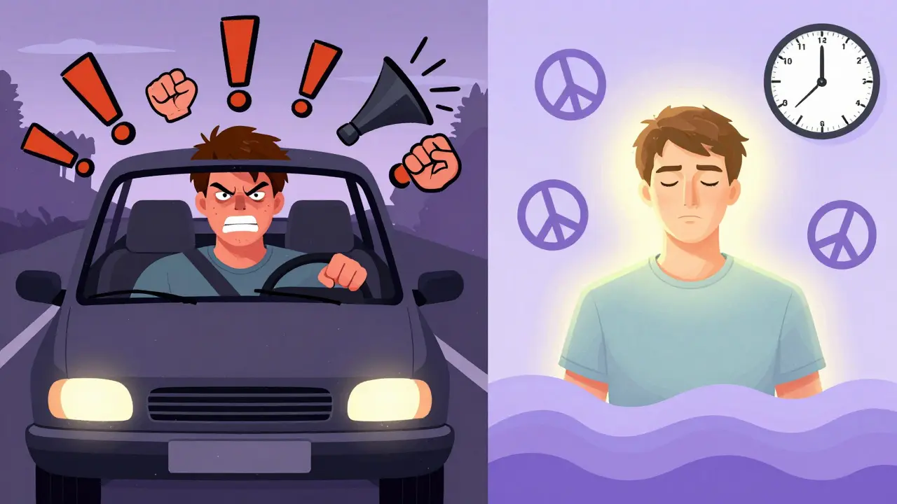 Два состояния водителя: злой и спокойный, изображённые в ярких психоделических тонах в стиле Питера Макса.