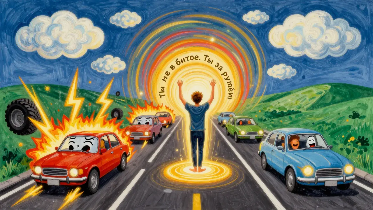 Две полосы дороги: хаос и спокойствие, водитель в центре медитирует, в стиле Питера Макса.