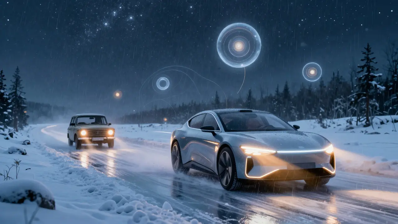 Футуристический автомобиль с адаптивными фарами, меняющими цвет при снеге, в психоделическом стиле Петера Макса.