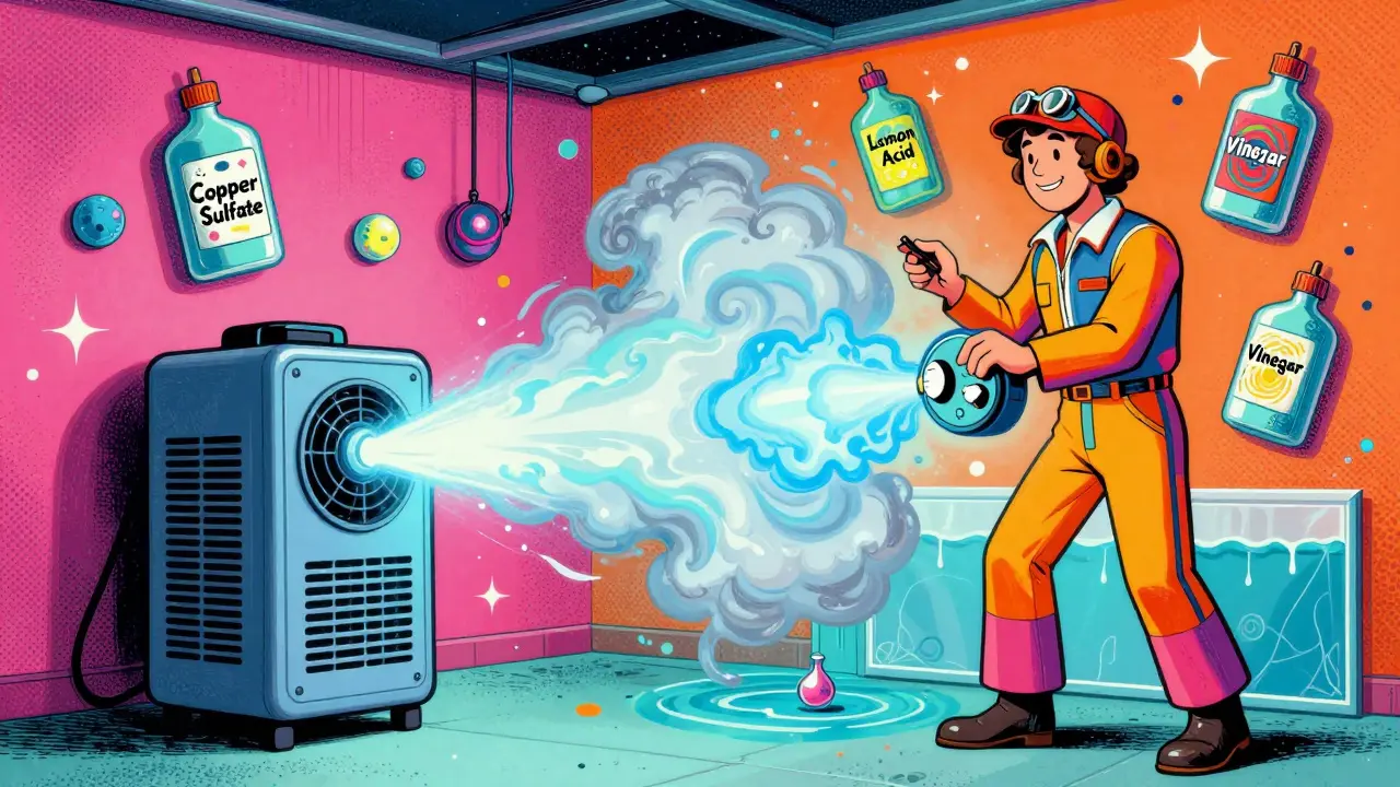 Футуристический осушитель удаляет туман из гаража, вокруг плавают химикаты в ярких цветах.