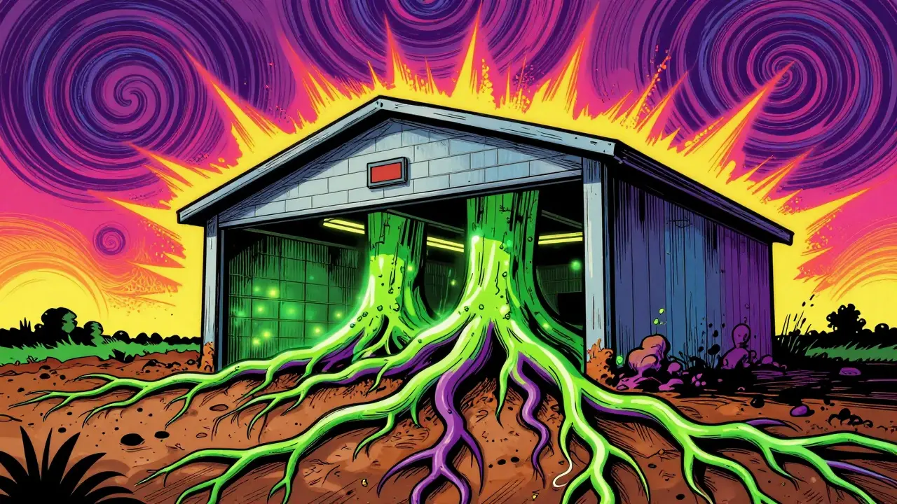 Гараж с подсветкой земли, символизирующий проверку прав на участок.