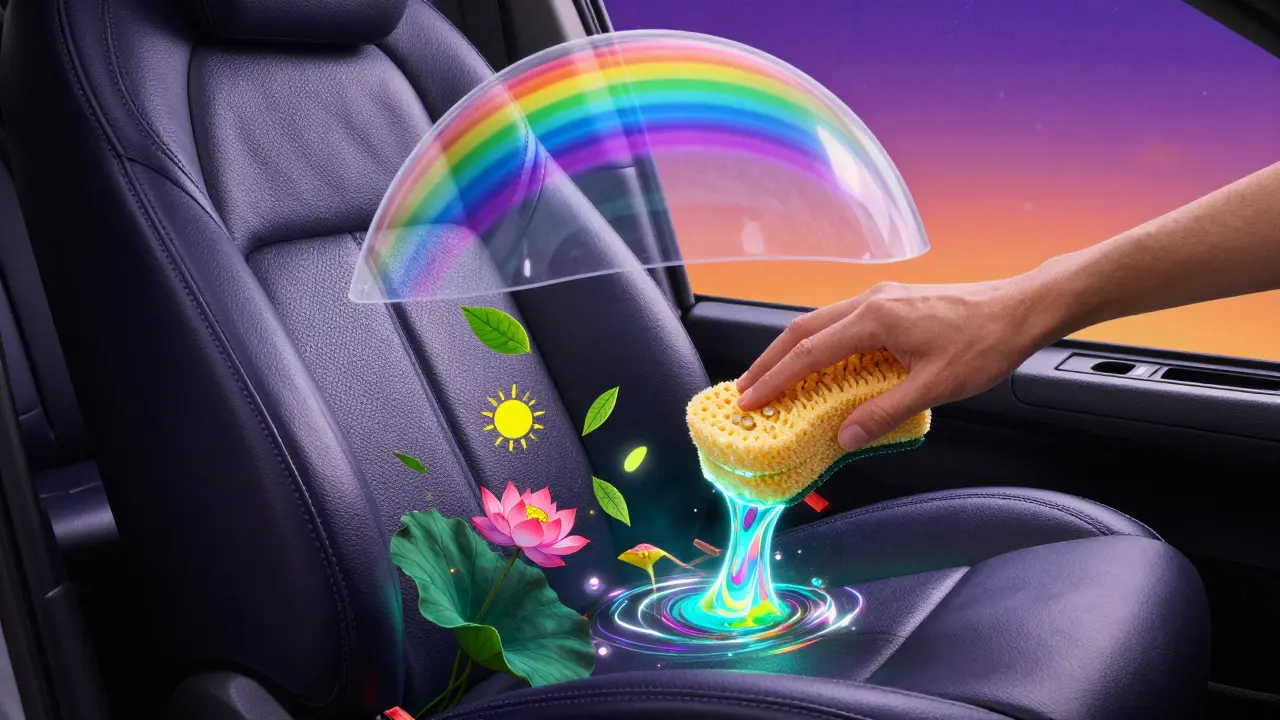 Горячий кондиционер в виде светящейся жидкости впитывается в кожу, а вокруг неё плавают солнечные символы.