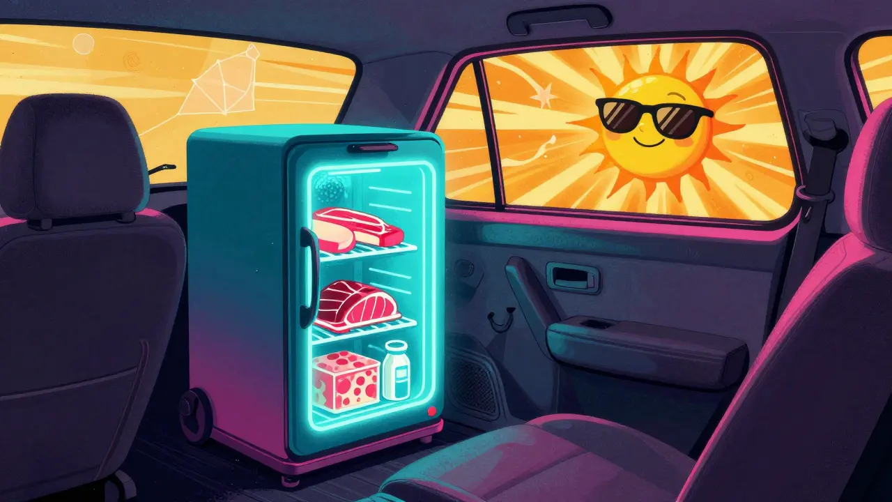 Компрессорный автохолодильник в машине охлаждает продукты под солнечными лучами в стиле Питера Макса.