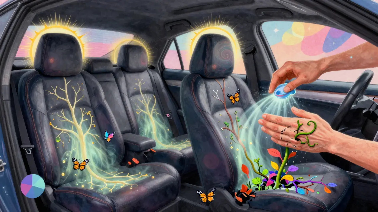 Кожаный салон превращается в живое существо с светящимися венами, заживая под заботливыми руками.