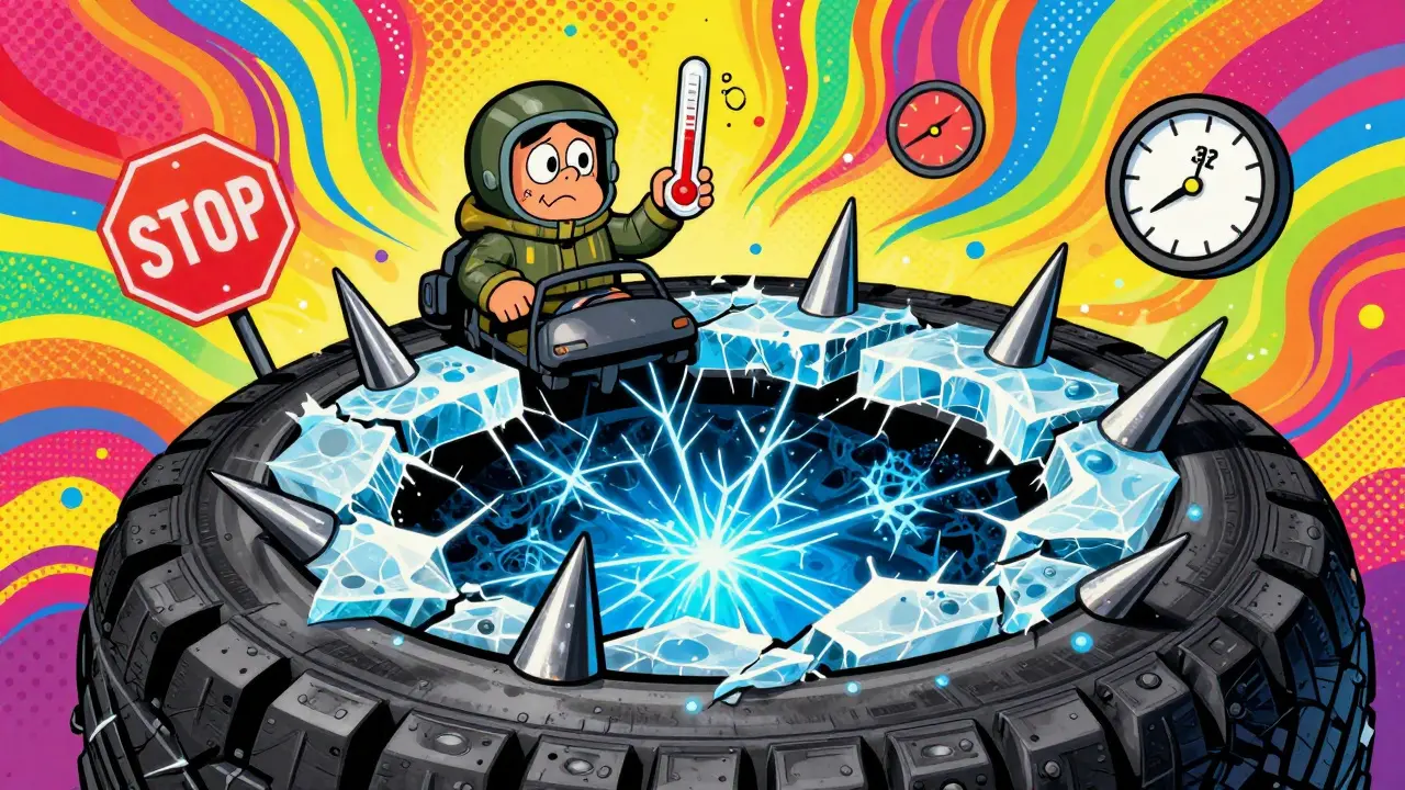 Крупный план шипованной шины, пронзающей лед, с видимыми фрактальными узорами под поверхностью и падающими символами.