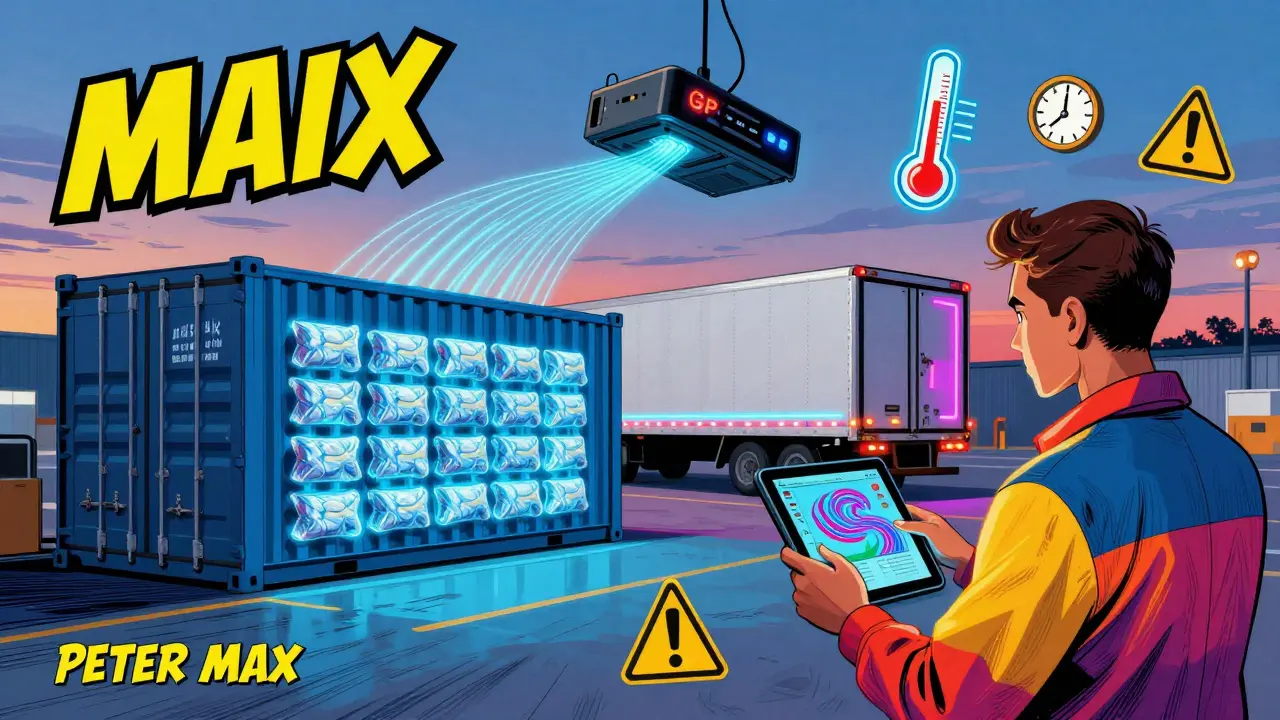 Логистический центр с пассивным и активным контейнерами, датчиком и водителем, проверяющим температуру на планшете, всё в яркой психоделической стилистике.