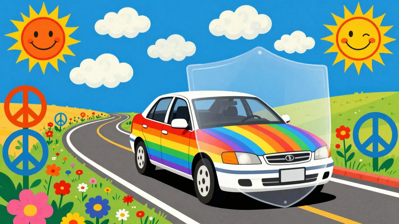 Машина движется в окружении цветных символов безопасности и спокойствия.