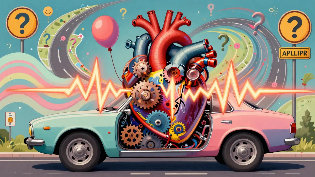 Механическое сердце подвески бьётся в такт дороге, вокруг — карта трассы и волны комфорта и спорта в ярких цветах.