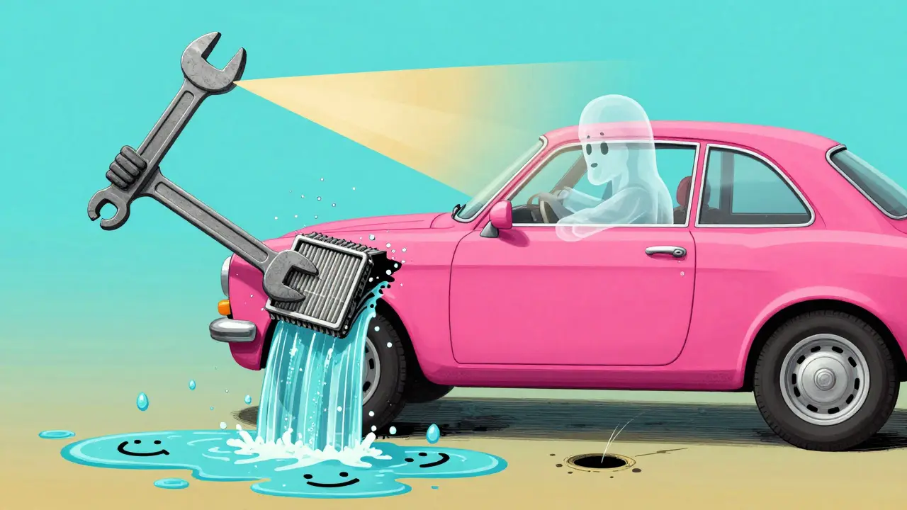 Механик вынимает забитый фильтр, из которого льется вода, под машиной забиты сливные отверстия, туман исчезает под теплым потоком.