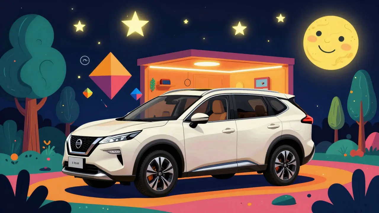 Ниссан X-Trail превращается в спальню под звездами, с мягким светом и геометрическими узорами в стиле Петера Макса.