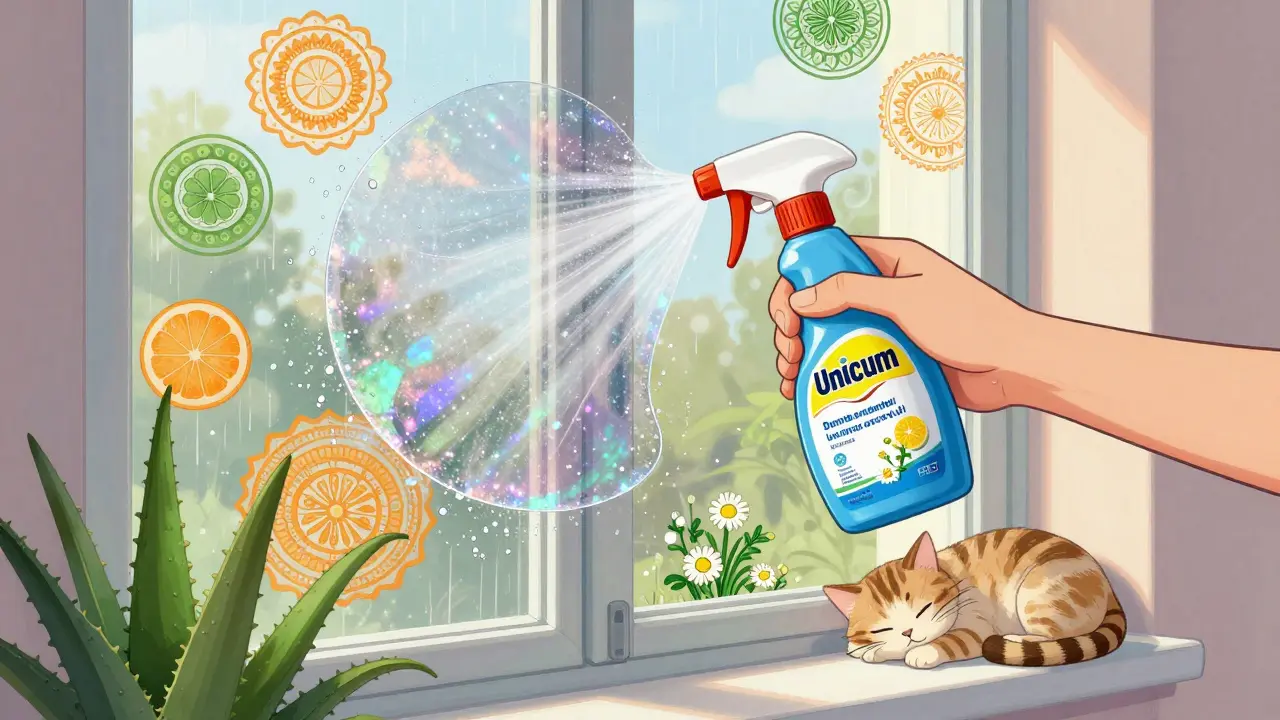 Окно в доме с мерцающей защитной пленкой, отталкивающей пыль и капли воды в стиле психоделической иллюстрации.