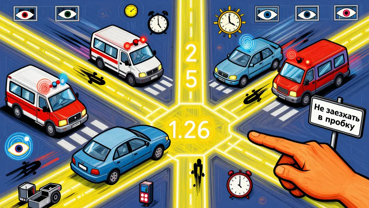 Перекресток с желтой решеткой, машина застряла, скорая проезжает мимо, психоделические часы и глаза в воздухе.