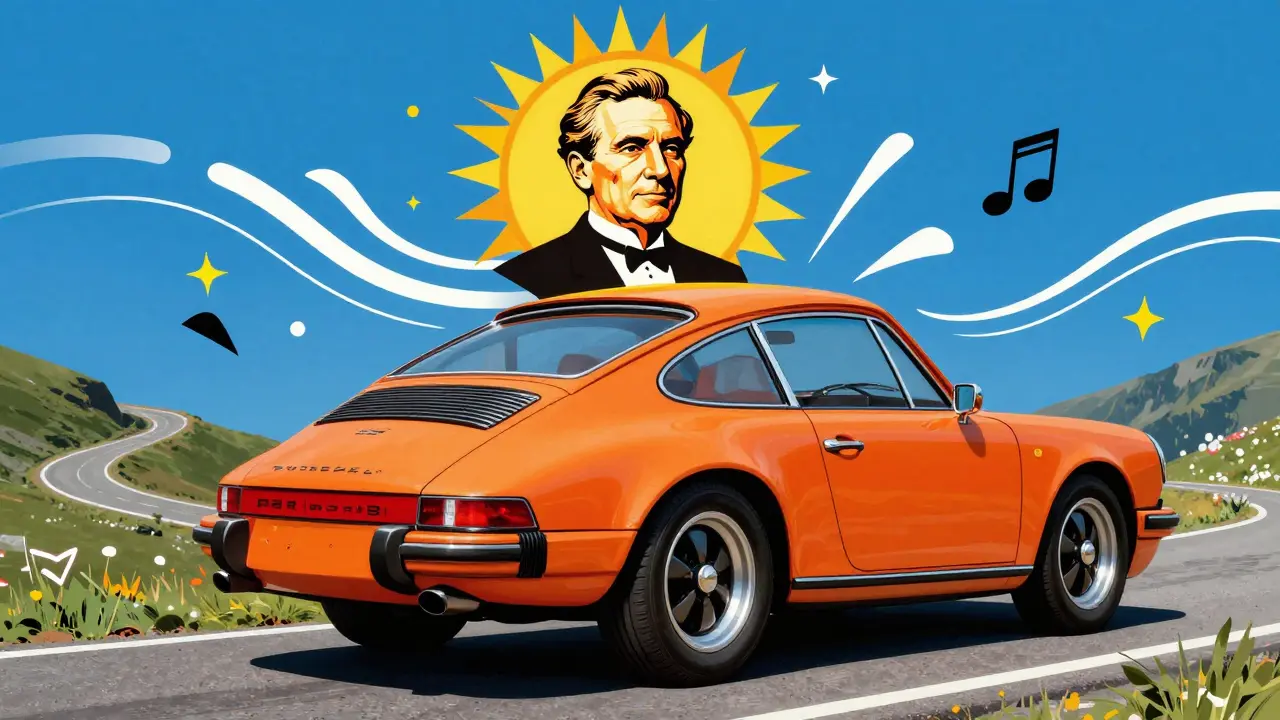 Porsche 911 на горной дороге, окружённый геометрическими узорами и светящимися формами в психоделическом стиле Петера Макса.