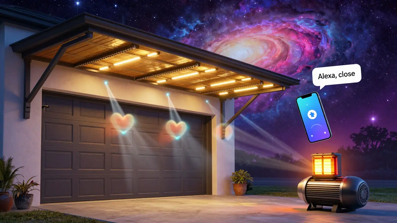 Секционные ворота поднимаются в гараже, датчики безопасности светятся, смартфон управляет системой, аккумулятор пульсирует теплом.