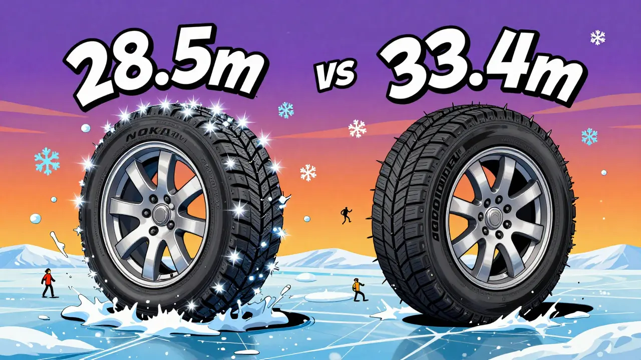 Сравнение двух зимних шин: одна с множеством сверкающих шипов, другая — с редкими, на фоне льда и цифр тормозного пути.