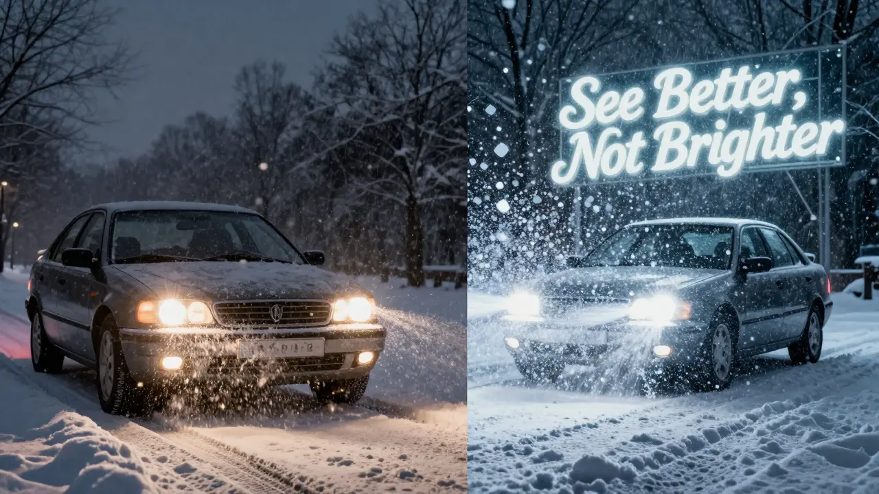 Сравнение теплых и холодных светодиодных фар в снегу, с яркими психоделическими эффектами в стиле Петера Макса.