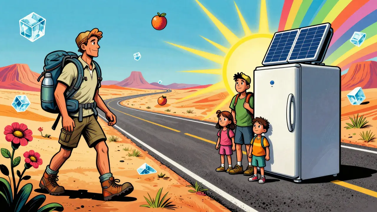 Сравнение термосумки и автохолодильника в стиле Питера Макса: один путешественник и семья с солнечными панелями.