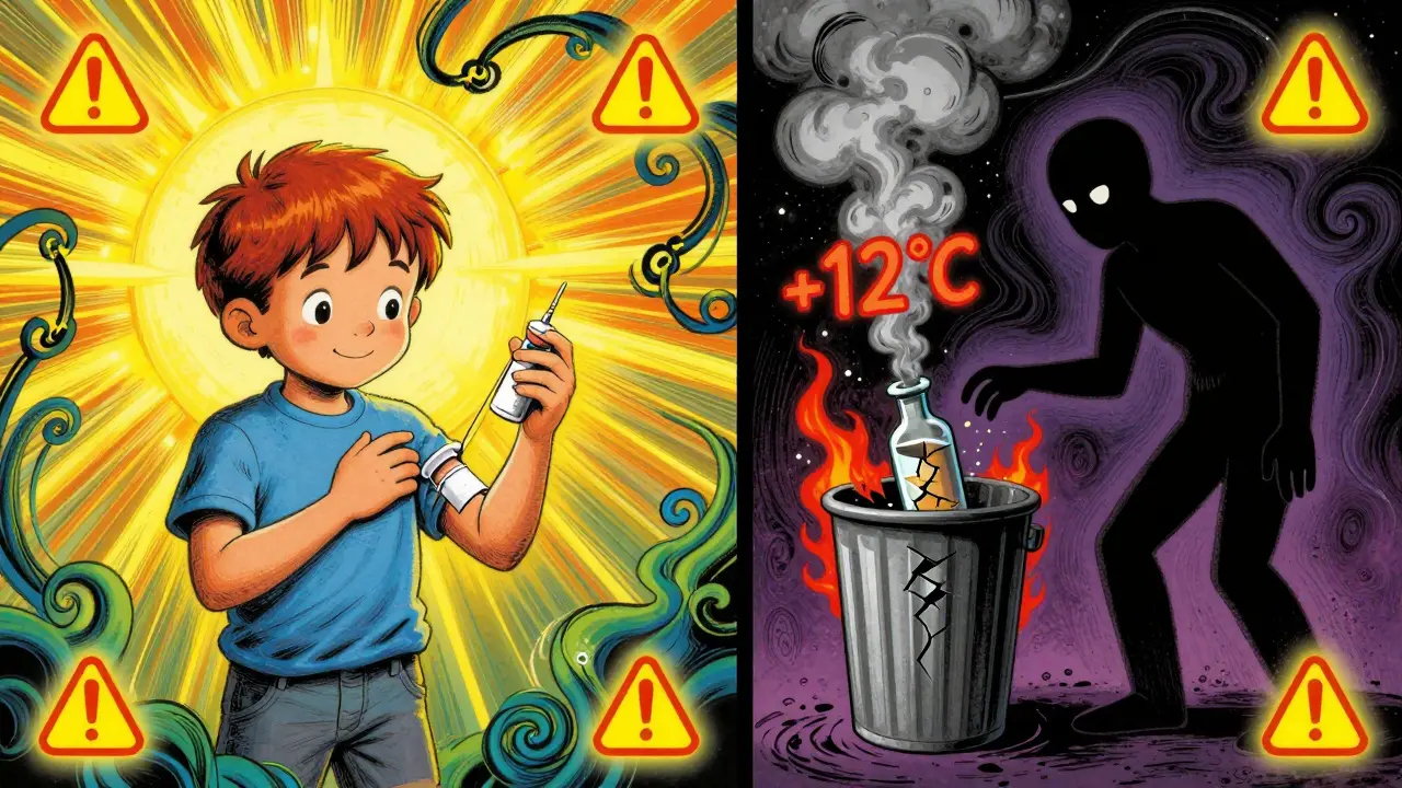 Сравнение: здоровый ребёнок получает вакцину и разбитая вакцина, выброшенная в мусор, с красными цифрами температуры и психоделическими предупреждениями.