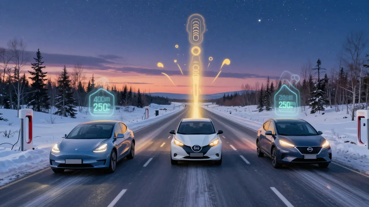 Три электромобиля едут по снежной трассе под звёздным небом, показывая разный запас хода.