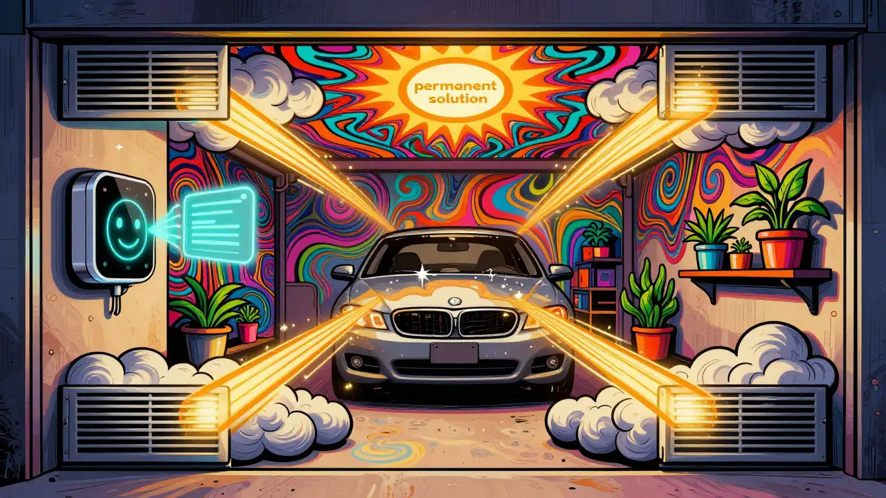 Вентиляция очищает гараж от плесени, датчик влажности светится, машина сухая и сияет.