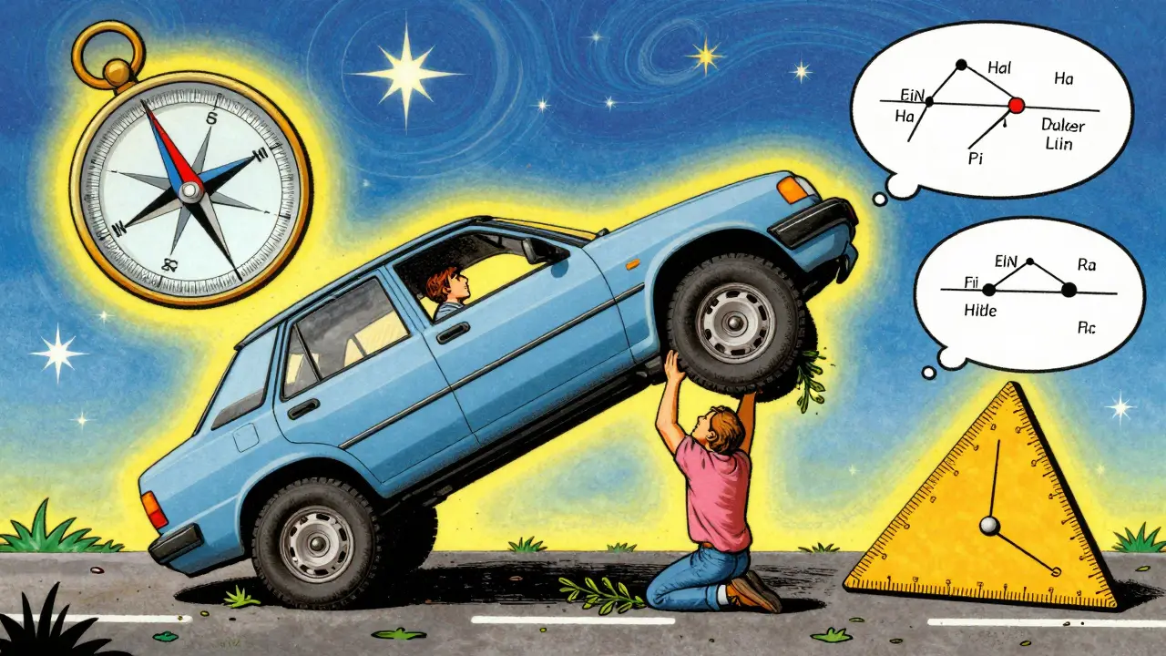 Водитель кладёт ветки под колёса застрявшего внедорожника, вокруг — парящие измерительные инструменты и психоделические диаграммы.