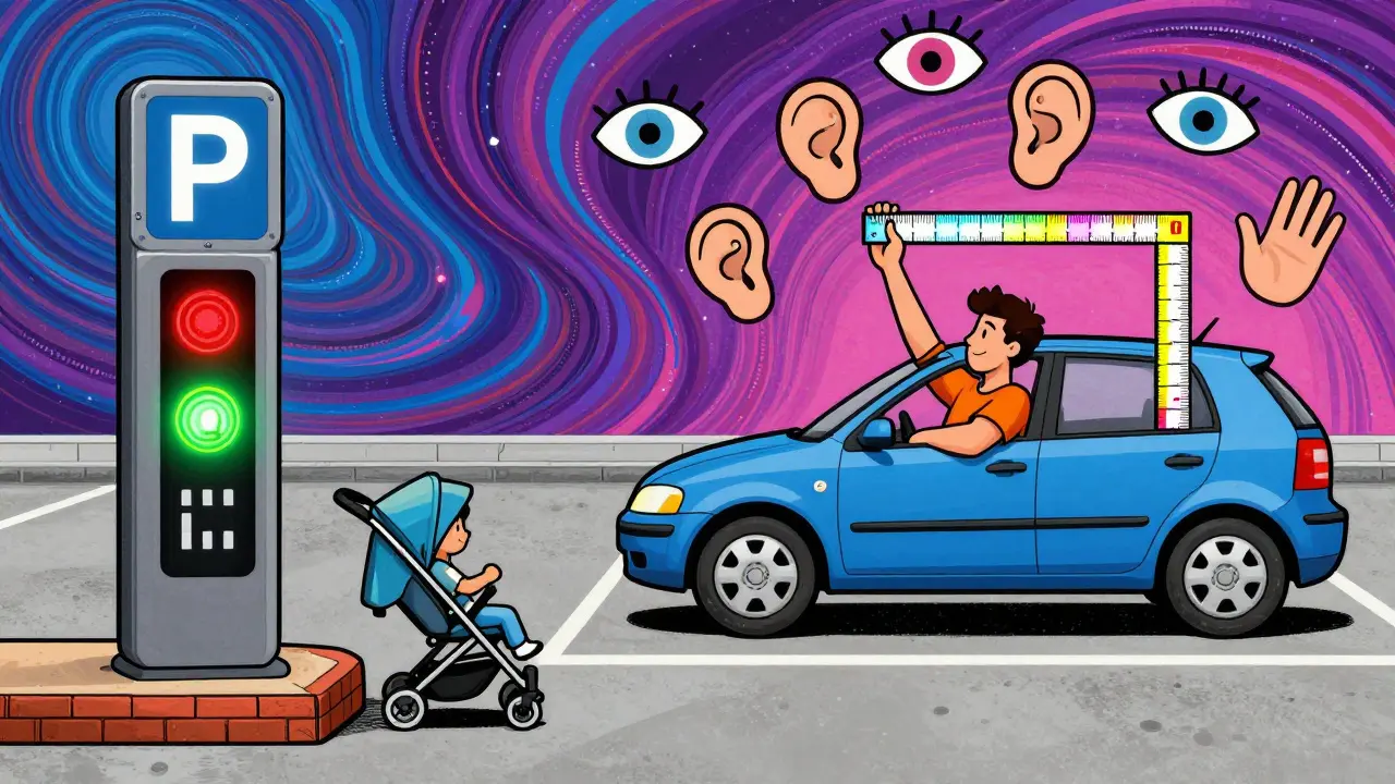 Водитель проверяет парковку вручную, игнорируя сбои датчиков, рядом — низкий бордюр и коляска в ярком психоделическом стиле.