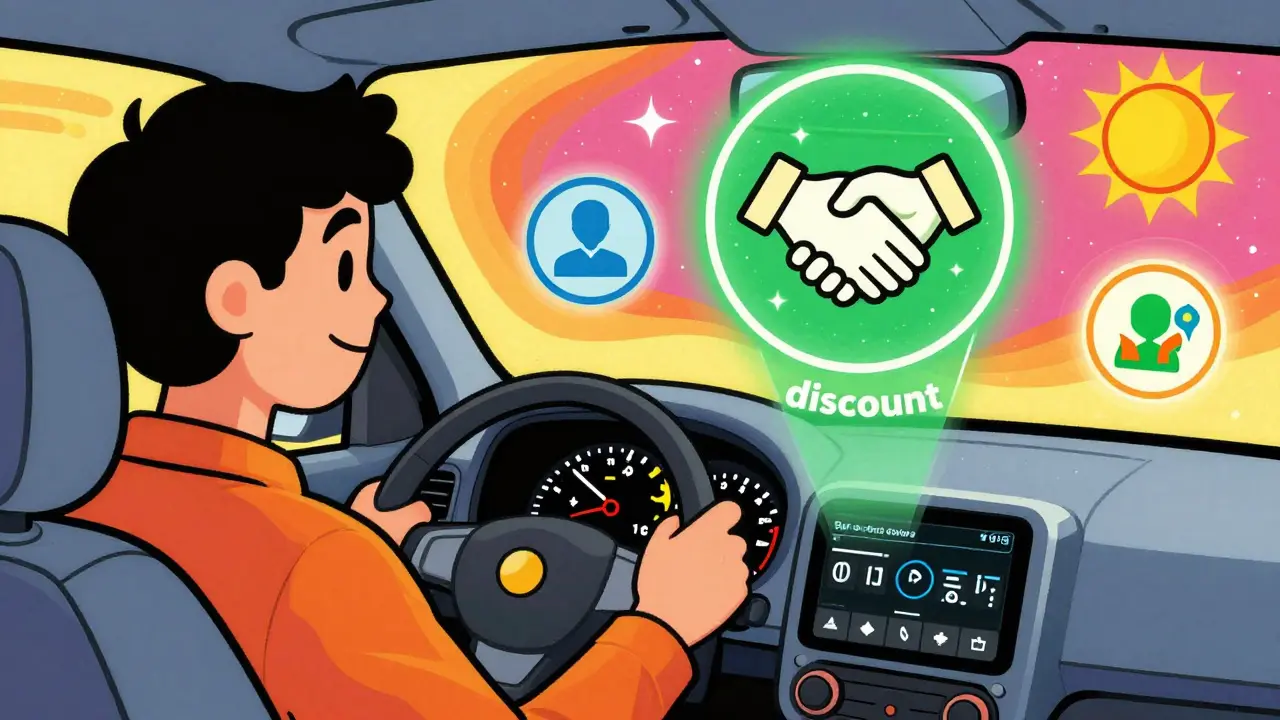 Водитель за рулем с телематикой, показывающей безопасное вождение и бонусы.