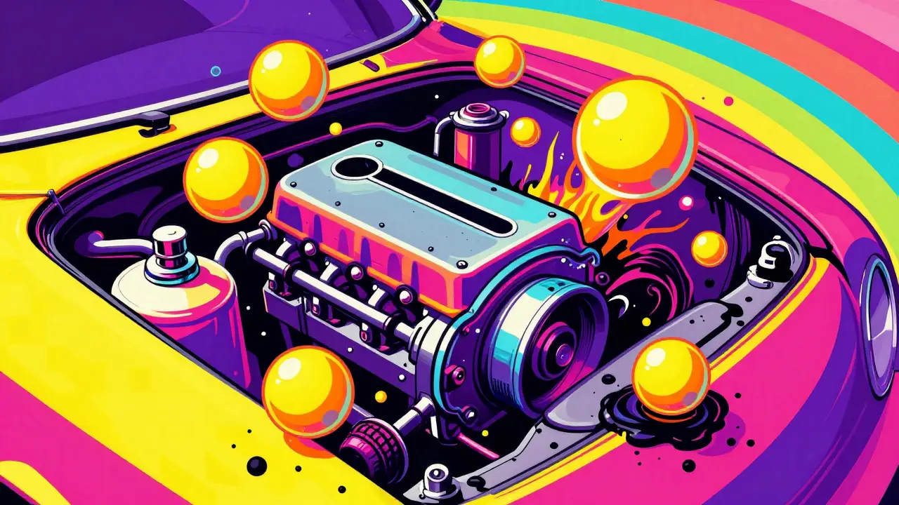 Яркая иллюстрация процесса очистки двигателя от нагара в стиле поп-арт