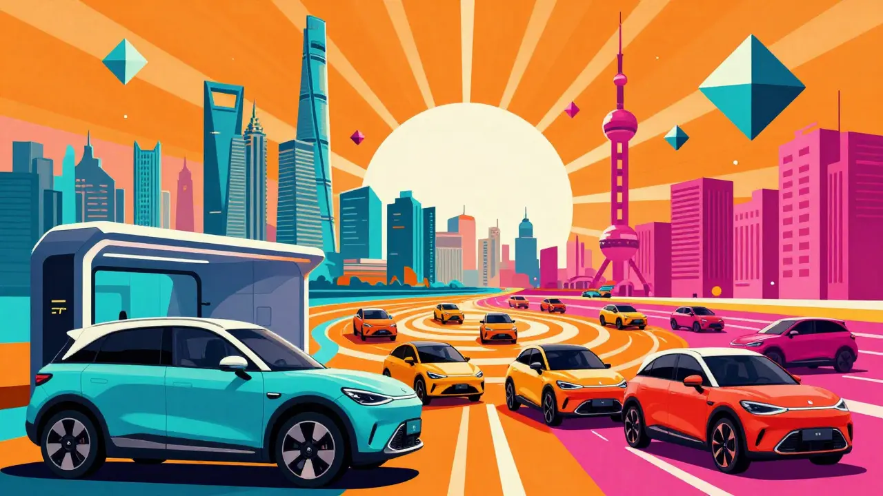 Яркие электромобили будущего в Шанхае в стиле поп-арт